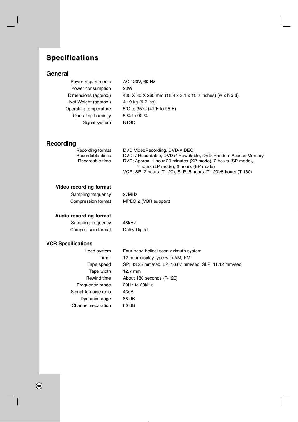 Specifications, General, Recording | JVC LVT2013-001A User Manual | Page 50 / 54