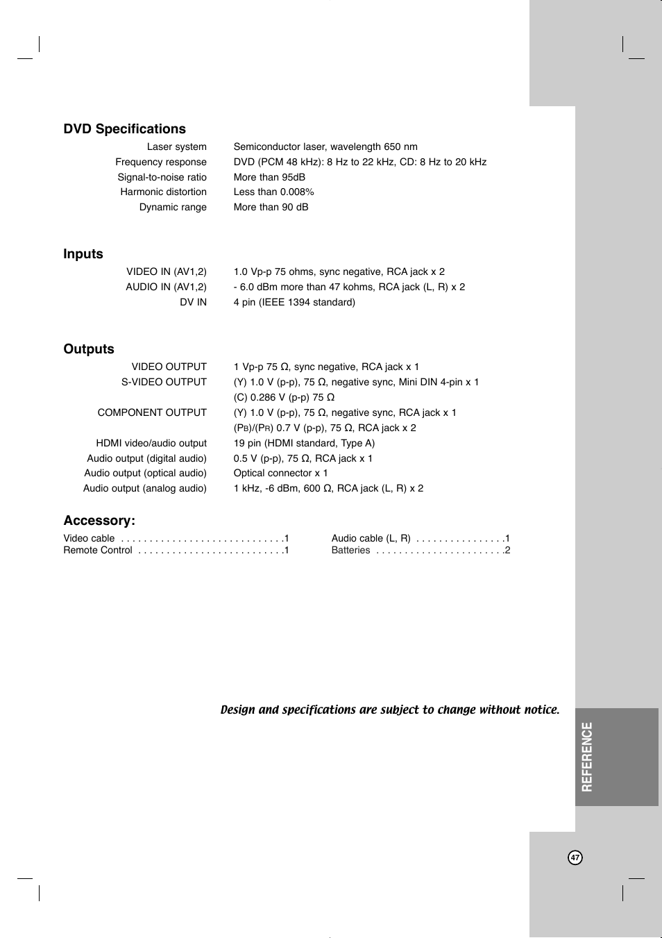 Reference dvd specifications, Inputs, Outputs | Accessory | JVC LVT2013-001A User Manual | Page 51 / 54