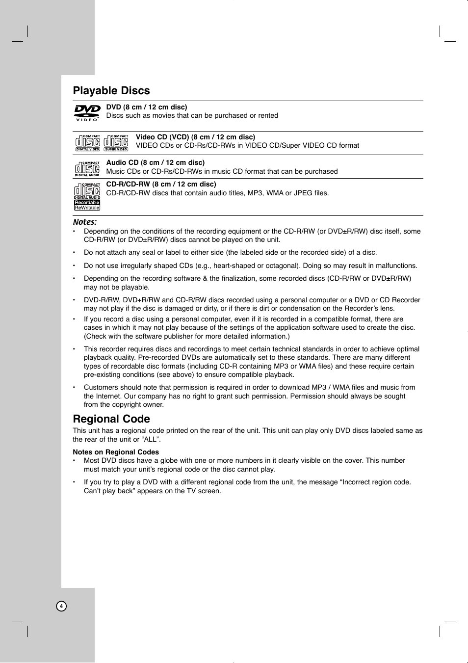 Playable discs, Regional code | JVC LVT2013-001A User Manual | Page 8 / 54