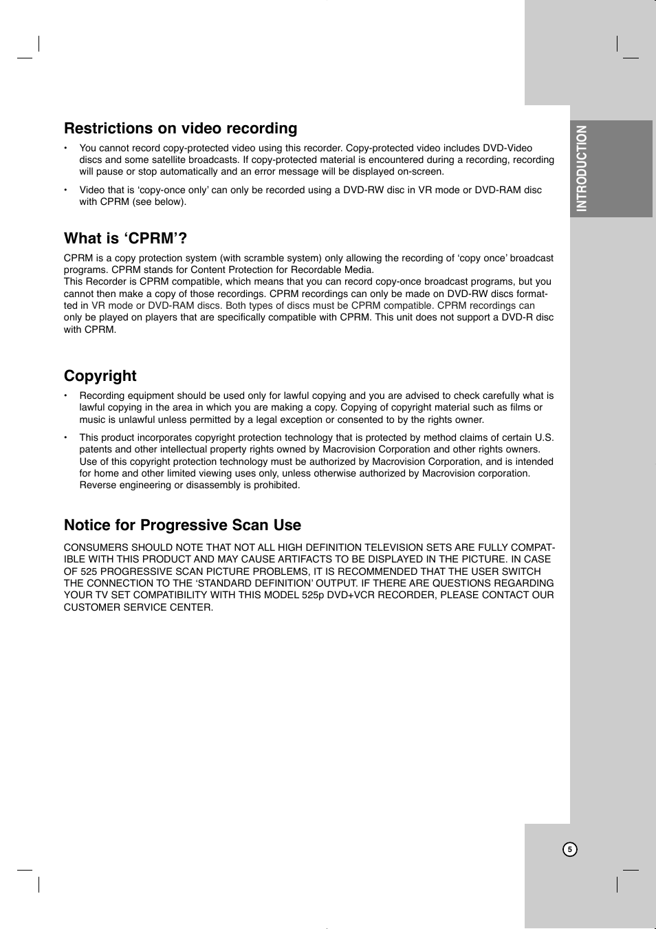 Restrictions on video recording, What is ‘cprm, Copyright | Notice for progressive scan use | JVC LVT2013-001A User Manual | Page 9 / 54
