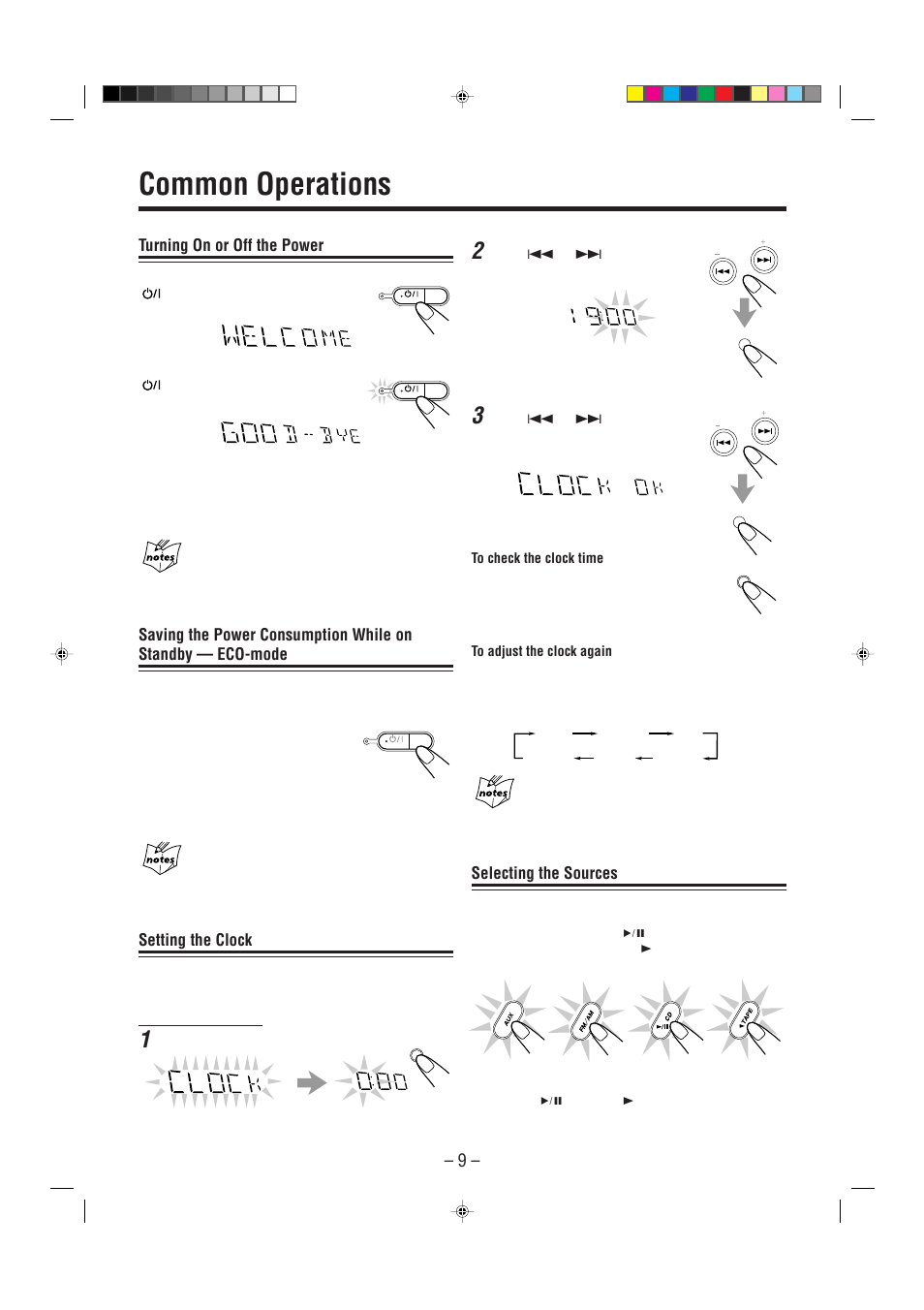 Common operations, Turning on or off the power, Setting the clock | Selecting the sources | JVC CA-MXG51R User Manual | Page 12 / 40