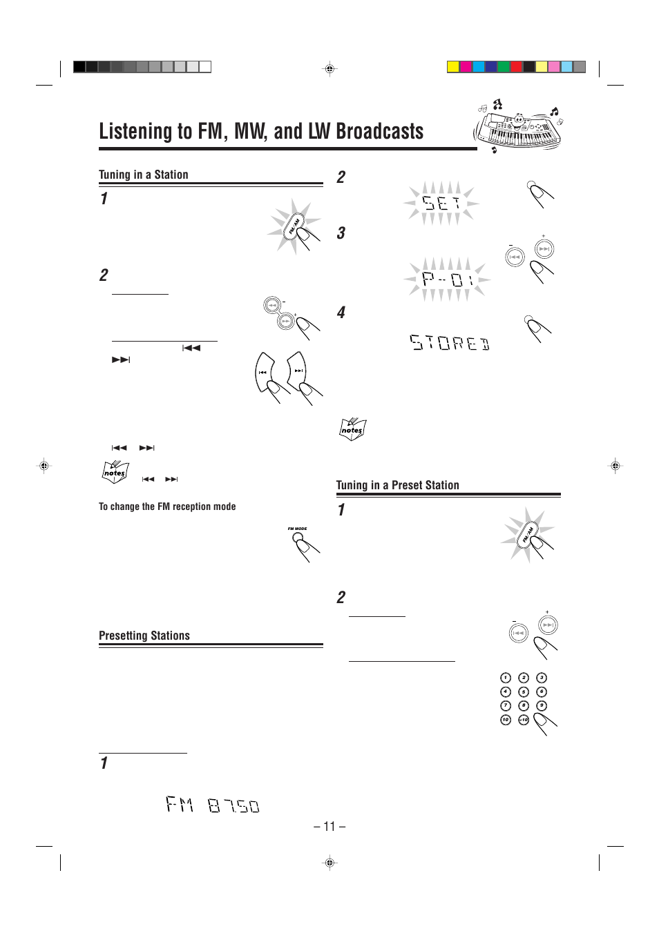 Listening to fm, mw, and lw broadcasts, Tuning in a station, Presetting stations | Tuning in a preset station | JVC CA-MXG51R User Manual | Page 14 / 40