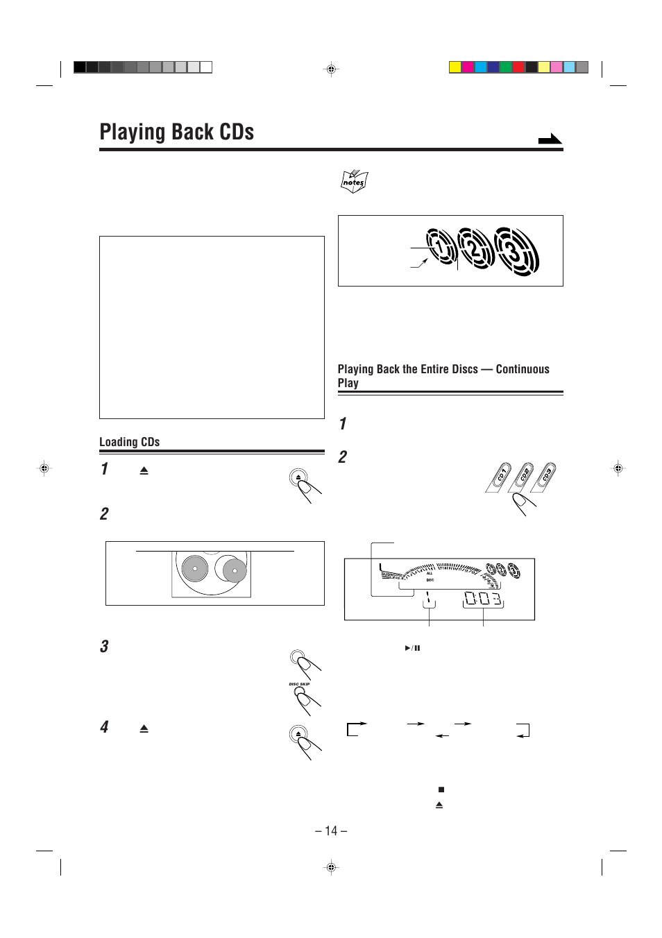 Playing back cds, Loading cds, Playing back the entire discs — continuous play | JVC CA-MXG51R User Manual | Page 17 / 40