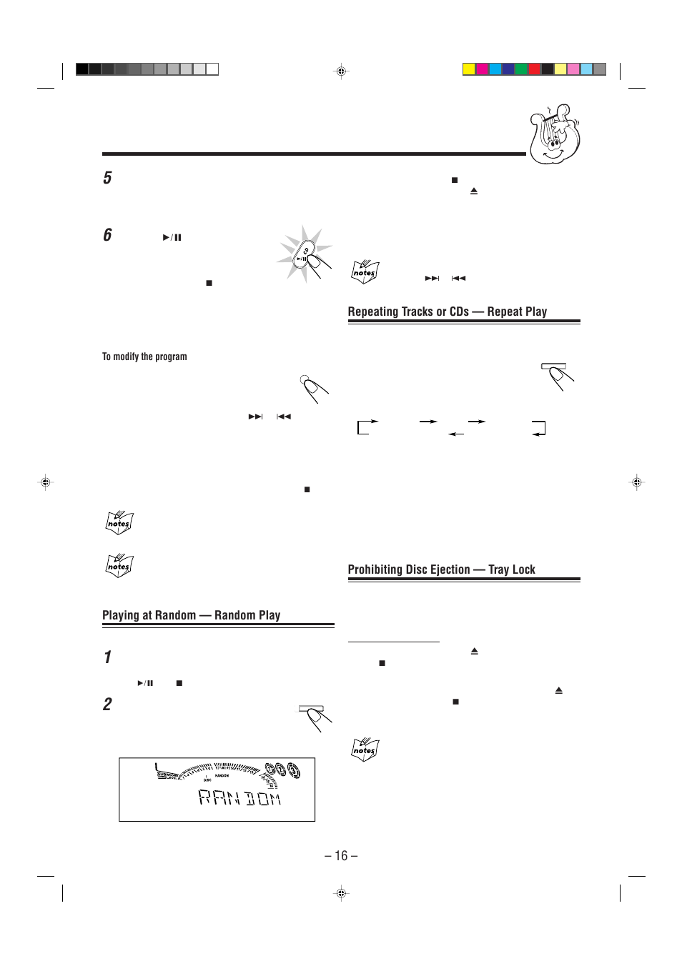 Repeating tracks or cds — repeat play, Prohibiting disc ejection — tray lock, Playing at random — random play | JVC CA-MXG51R User Manual | Page 19 / 40
