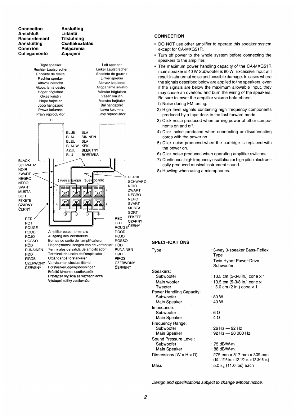 Connection, Specifications | JVC CA-MXG51R User Manual | Page 34 / 40