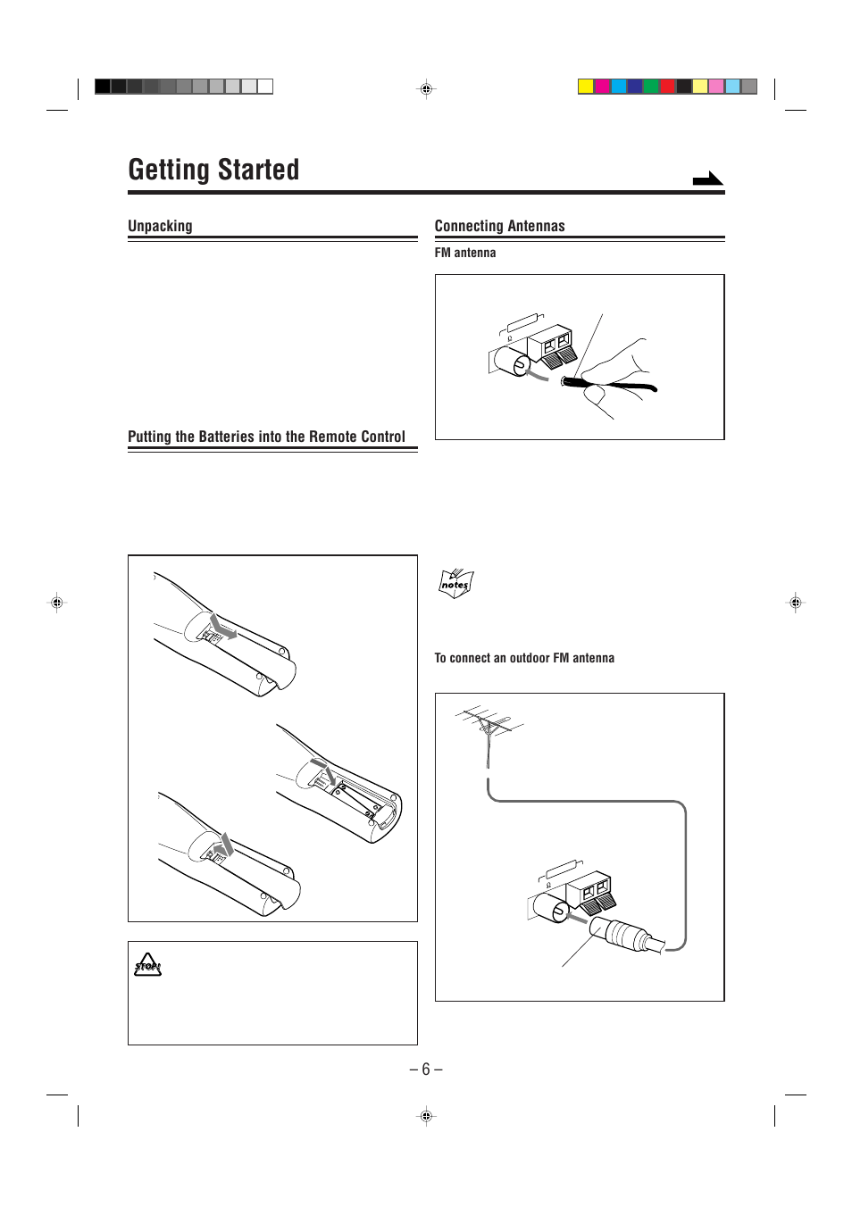 Getting started, Unpacking, Putting the batteries into the remote control | Connecting antennas | JVC CA-MXG51R User Manual | Page 9 / 40