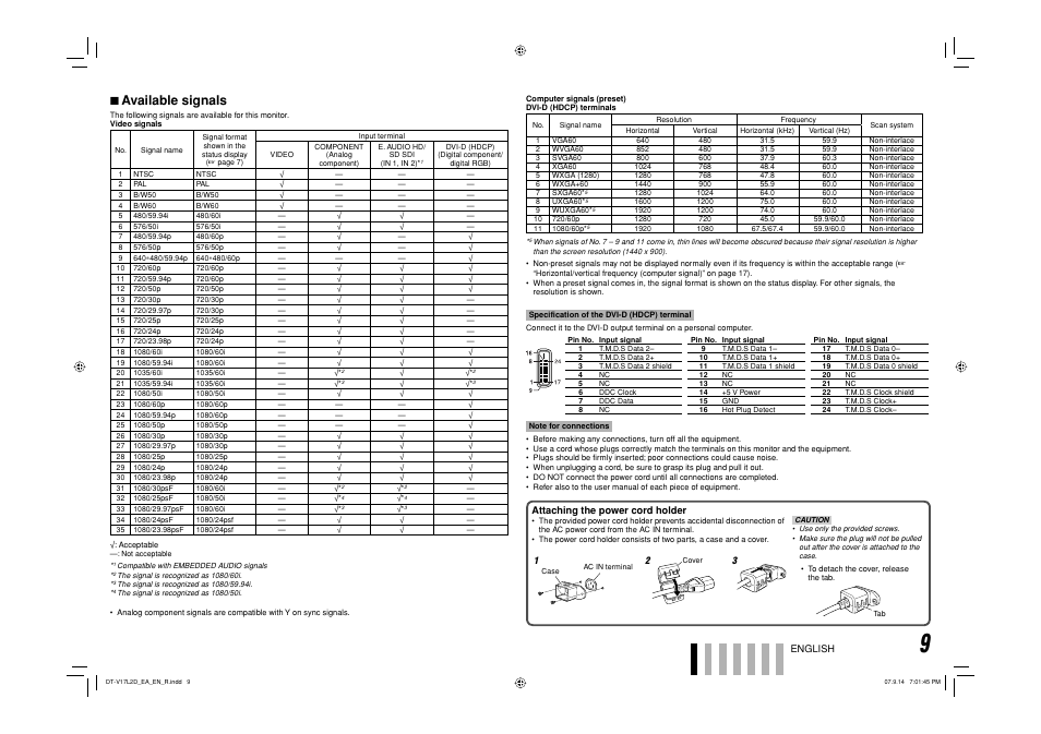 Available signals, 7 available signals | JVC DT-V17L2D User Manual | Page 10 / 20