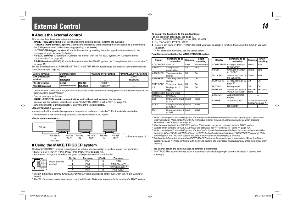 External control, About the external control, Using the make/trigger system | 7 about the external control, 7 using the make/trigger system | JVC DT-V17L2D User Manual | Page 15 / 20