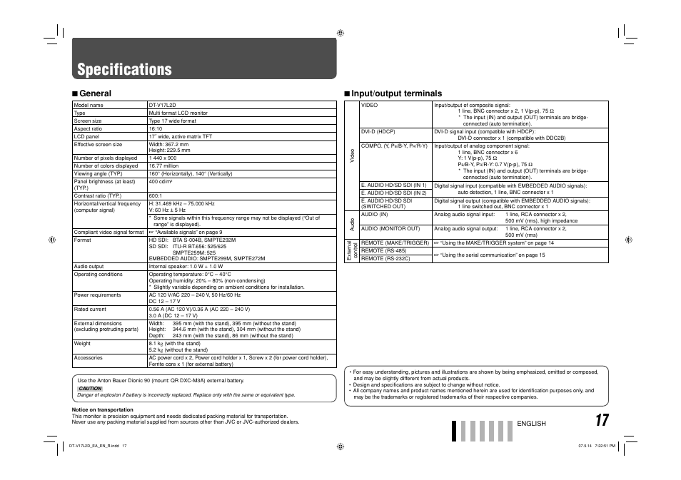 Specifications, General, Input/output terminals | 7 general, 7 input/output terminals | JVC DT-V17L2D User Manual | Page 18 / 20