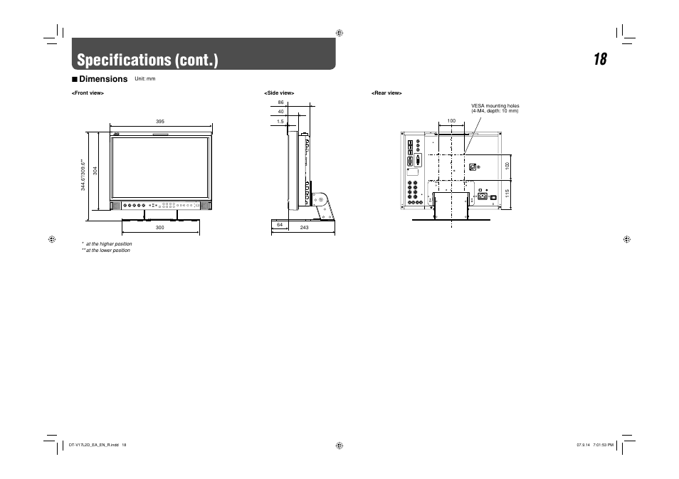 Dimensions, Specifications (cont.), 7 dimensions | JVC DT-V17L2D User Manual | Page 19 / 20