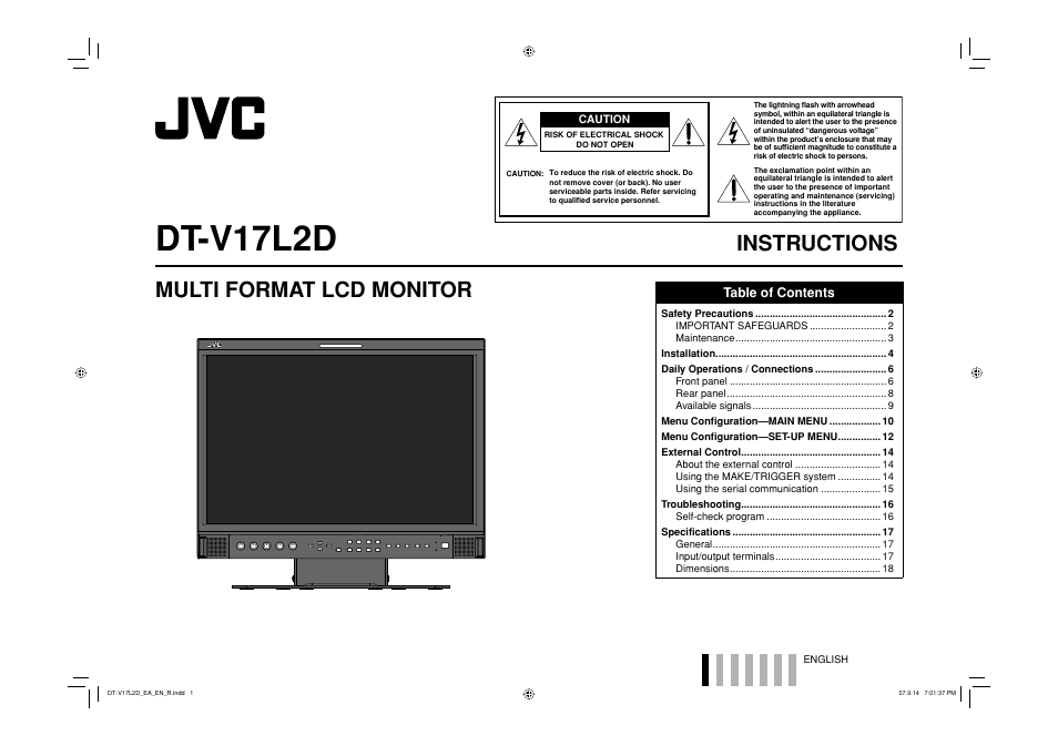 Dt-v17l2d, Instructions, Multi format lcd monitor | JVC DT-V17L2D User Manual | Page 2 / 20