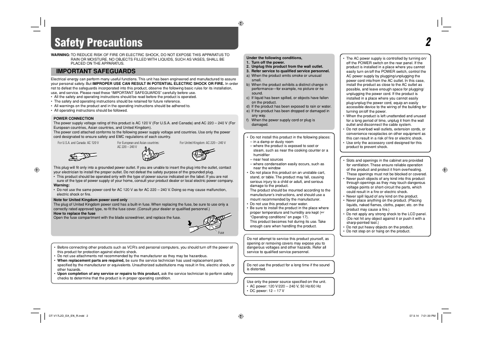 Safety precautions, Important safeguards | JVC DT-V17L2D User Manual | Page 3 / 20