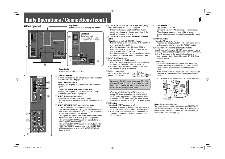 Rear panel, Daily operations / connections (cont.), 7 rear panel | JVC DT-V17L2D User Manual | Page 9 / 20