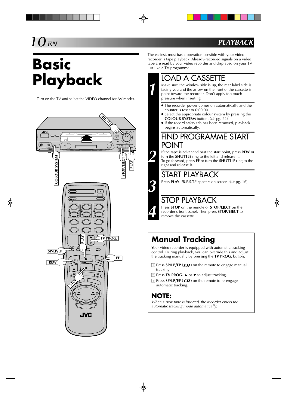 Basic playback, Load a cassette, Find programme start point | Start playback, Stop playback, Playback, Manual tracking | JVC HR-J439EE User Manual | Page 10 / 32