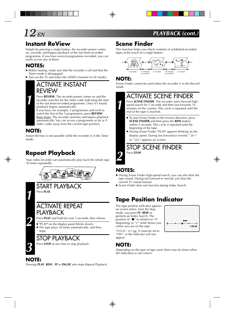 Activate scene finder, Stop scene finder, Activate instant review | Start playback, Activate repeat playback, Stop playback, Scene finder, Playback (cont.) instant review, Tape position indicator, Repeat playback | JVC HR-J439EE User Manual | Page 12 / 32