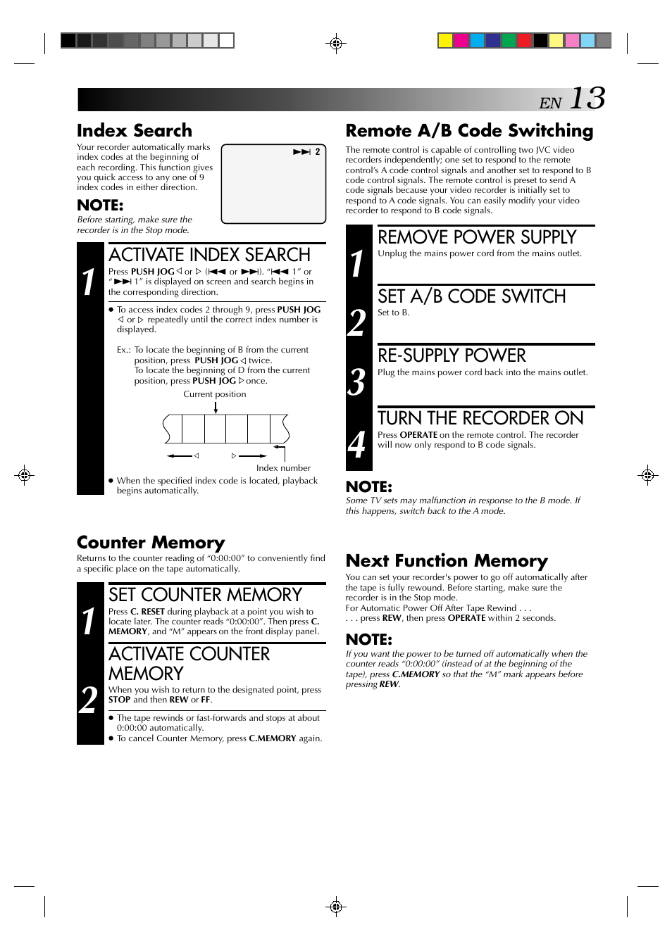 Activate index search, Remove power supply, Set a/b code switch | Re-supply power, Turn the recorder on, Index search, Remote a/b code switching | JVC HR-J439EE User Manual | Page 13 / 32