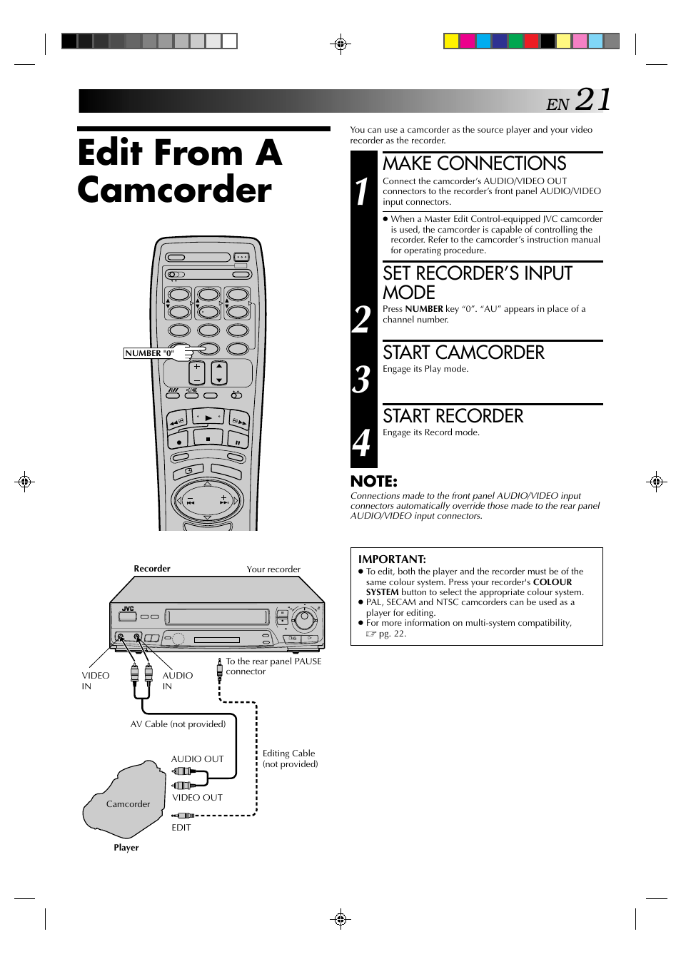 Edit from a camcorder, Make connections, Set recorder’s input mode | Start camcorder, Start recorder | JVC HR-J439EE User Manual | Page 21 / 32