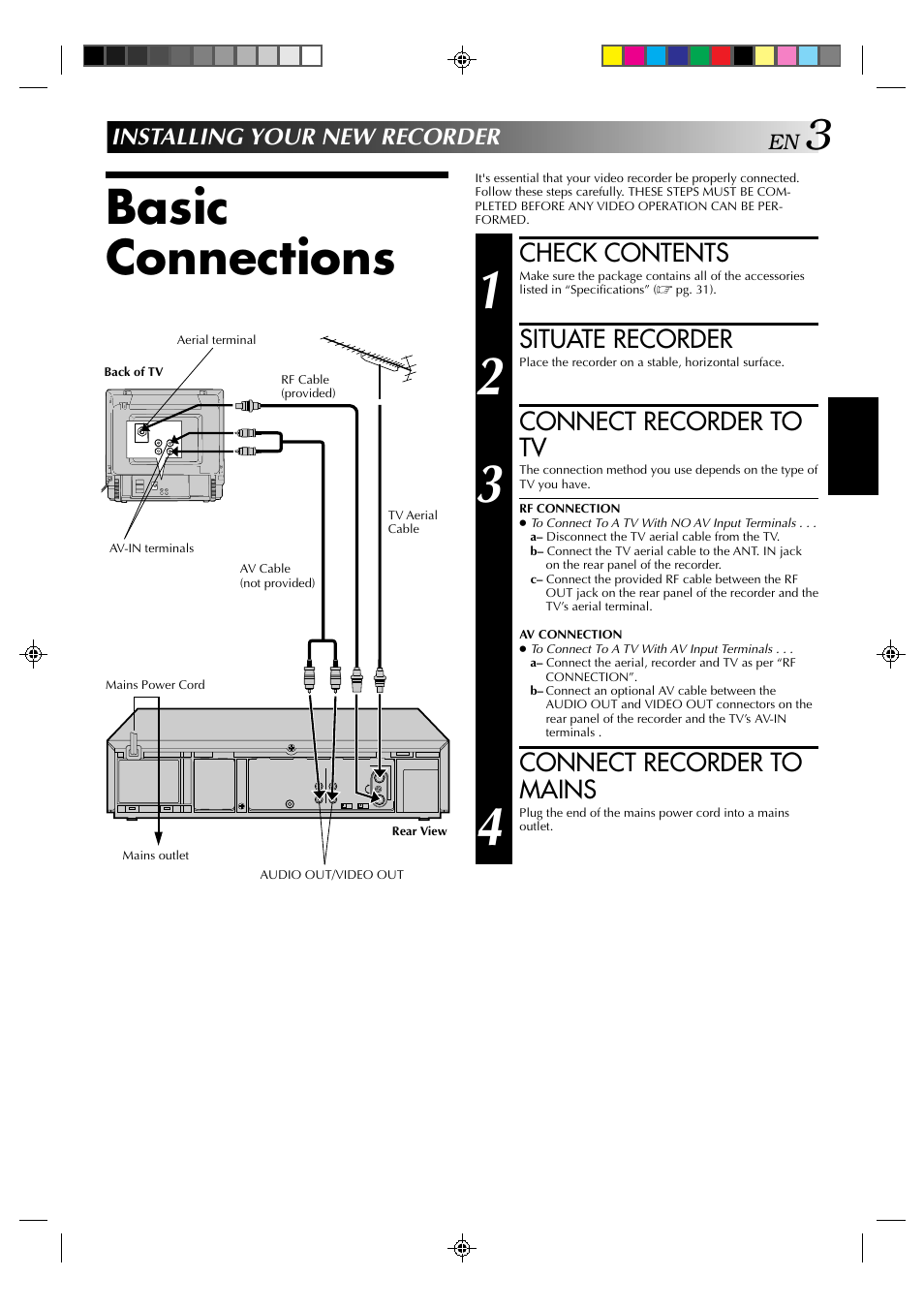 Basic connections, Check contents, Situate recorder | Connect recorder to tv, Connect recorder to mains, Installing your new recorder | JVC HR-J439EE User Manual | Page 3 / 32