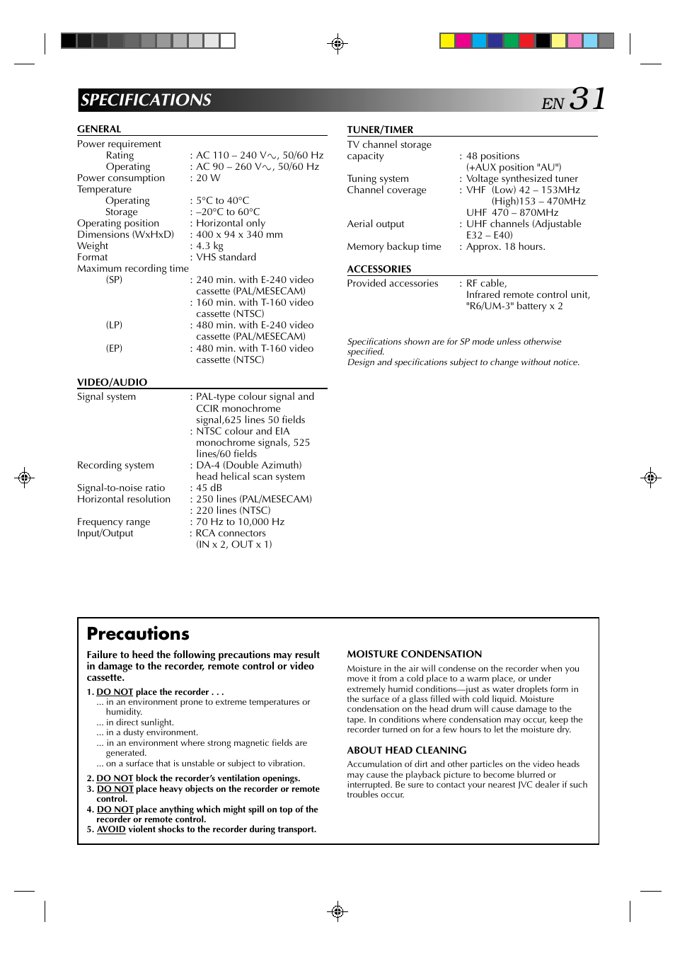 Specifications, Precautions | JVC HR-J439EE User Manual | Page 31 / 32