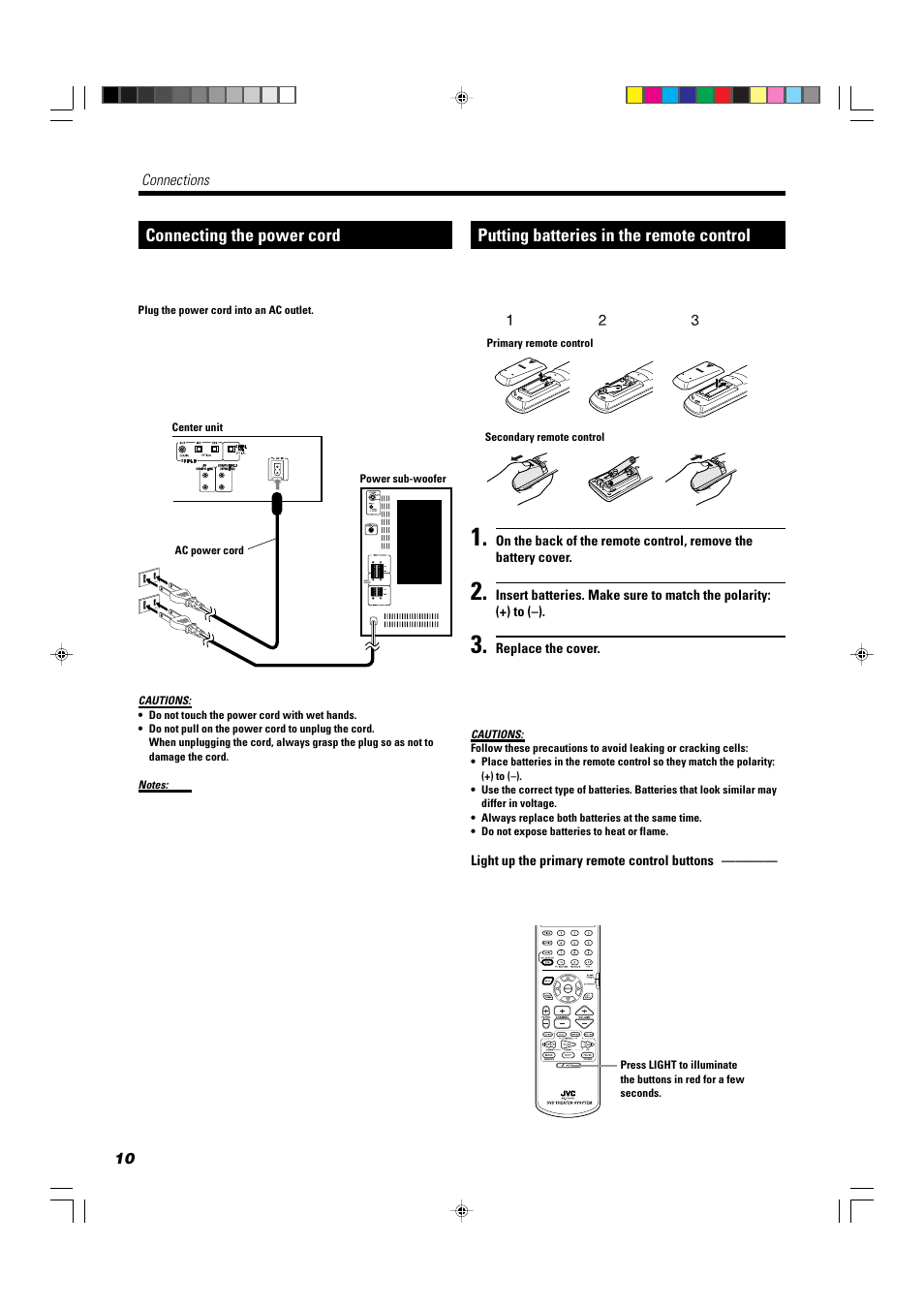 Connecting the power cord, Putting batteries in the remote control | JVC TH-A10 User Manual | Page 12 / 68