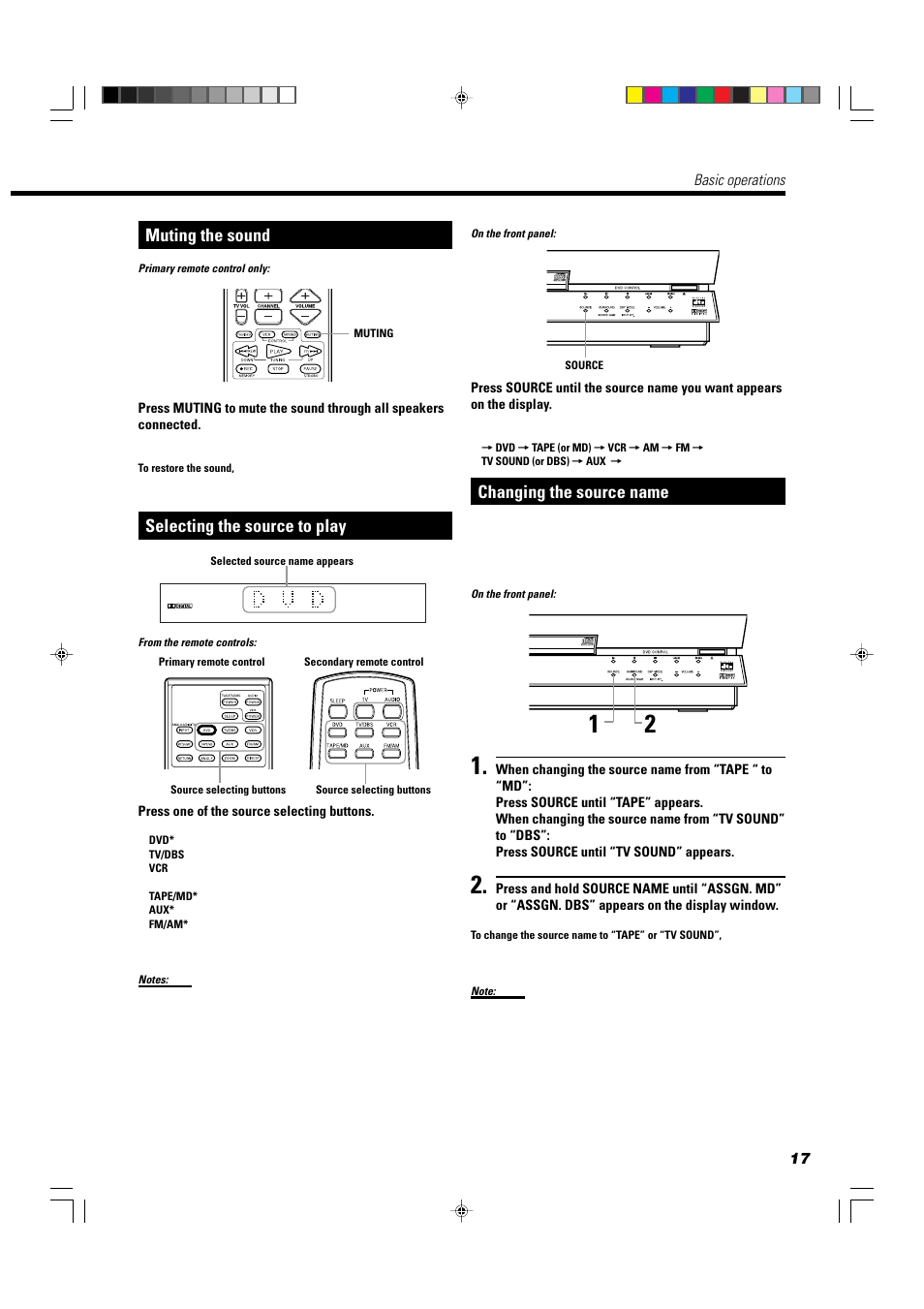 Muting the sound, Selecting the source to play, Changing the source name | JVC TH-A10 User Manual | Page 19 / 68