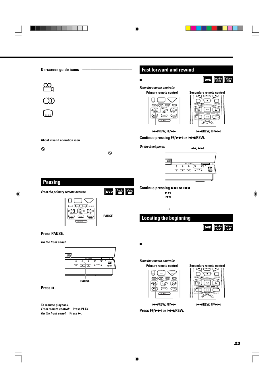 Pausing, Fast forward and rewind, Locating the beginning | JVC TH-A10 User Manual | Page 25 / 68