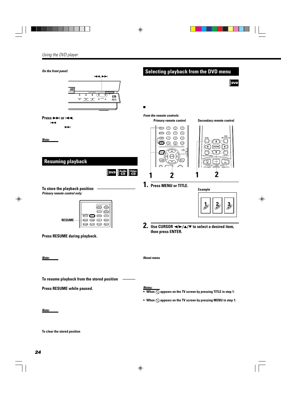 Resuming playback, Selecting playback from the dvd menu | JVC TH-A10 User Manual | Page 26 / 68