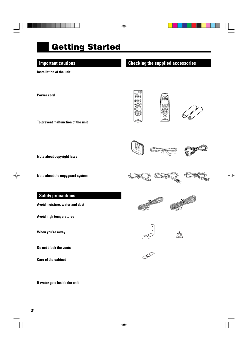 Getting started, Important cautions, Safety precautions | Checking the supplied accessories | JVC TH-A10 User Manual | Page 4 / 68