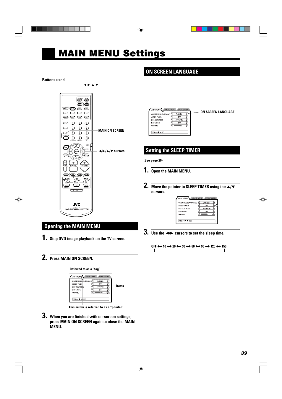 Main menu settings, On screen language, Setting the sleep timer | Opening the main menu | JVC TH-A10 User Manual | Page 41 / 68