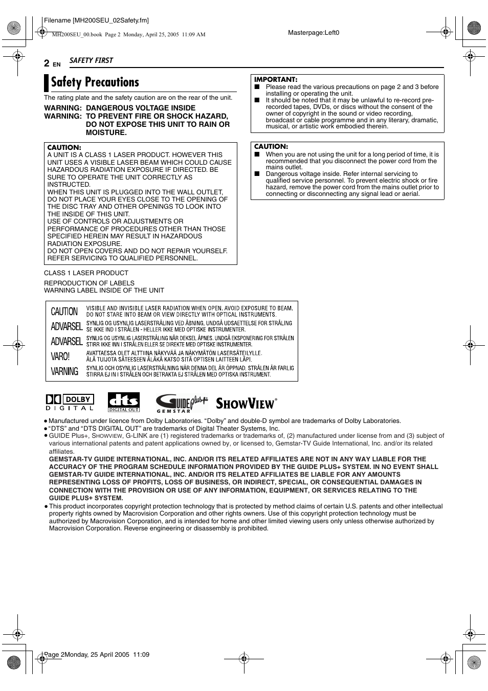 Safety precautions | JVC DR-MH300SE User Manual | Page 2 / 11