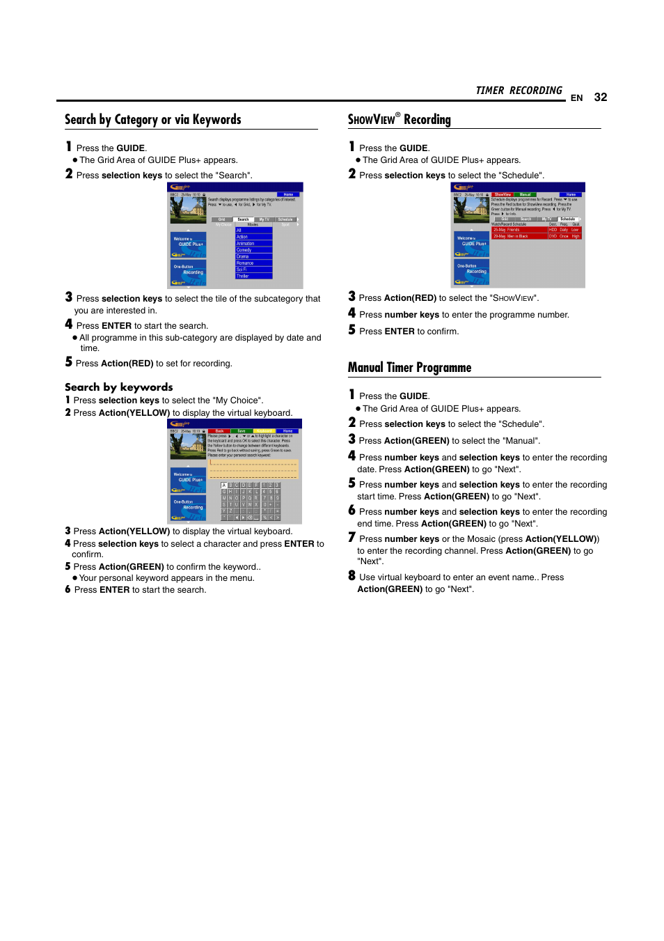 Search by category or via keywords, Recording, Manual timer programme | JVC DR-MH300SE User Manual | Page 7 / 11