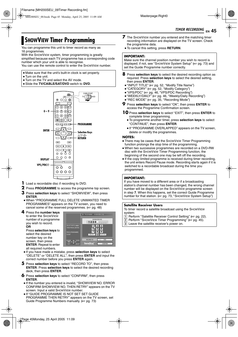 Timer programming, Timer recording | JVC DR-MH300SE User Manual | Page 9 / 11