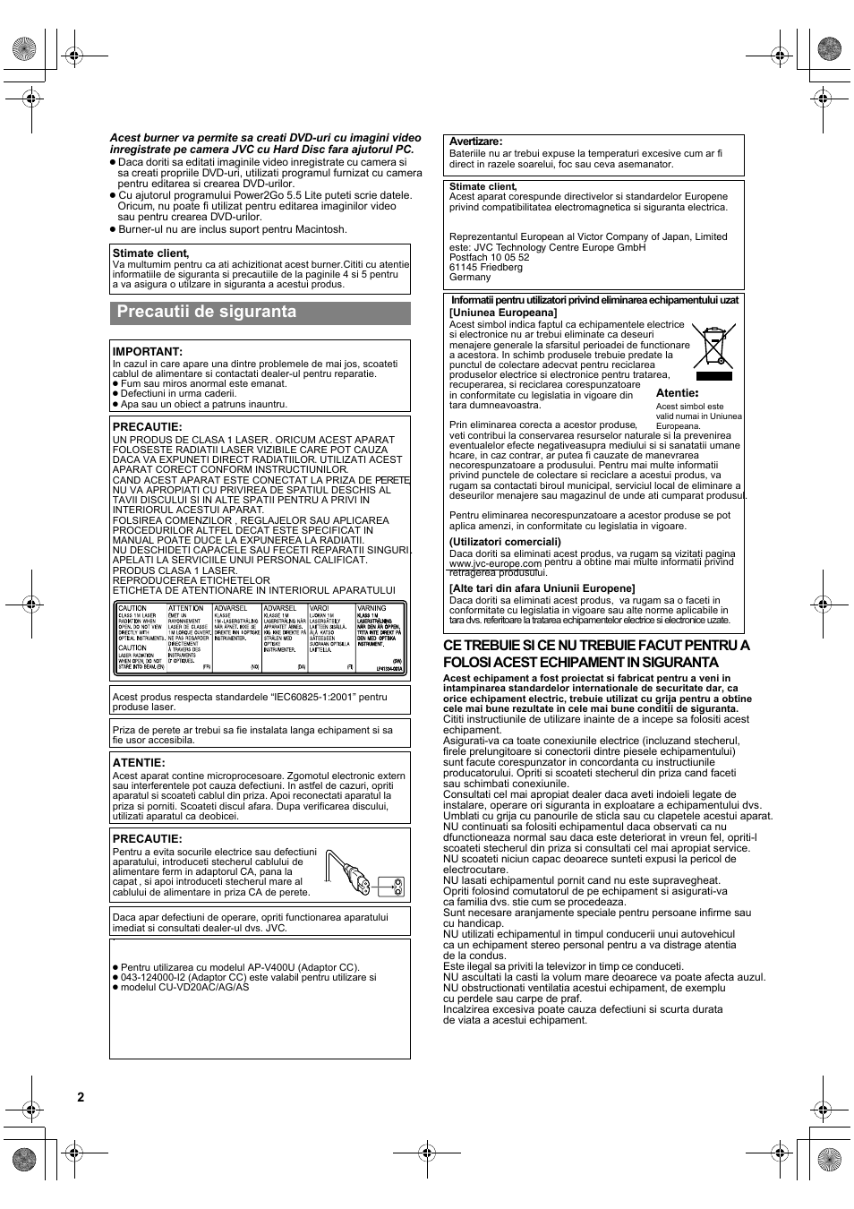 Precautii de siguranta | JVC CU-VD20 User Manual | Page 2 / 8