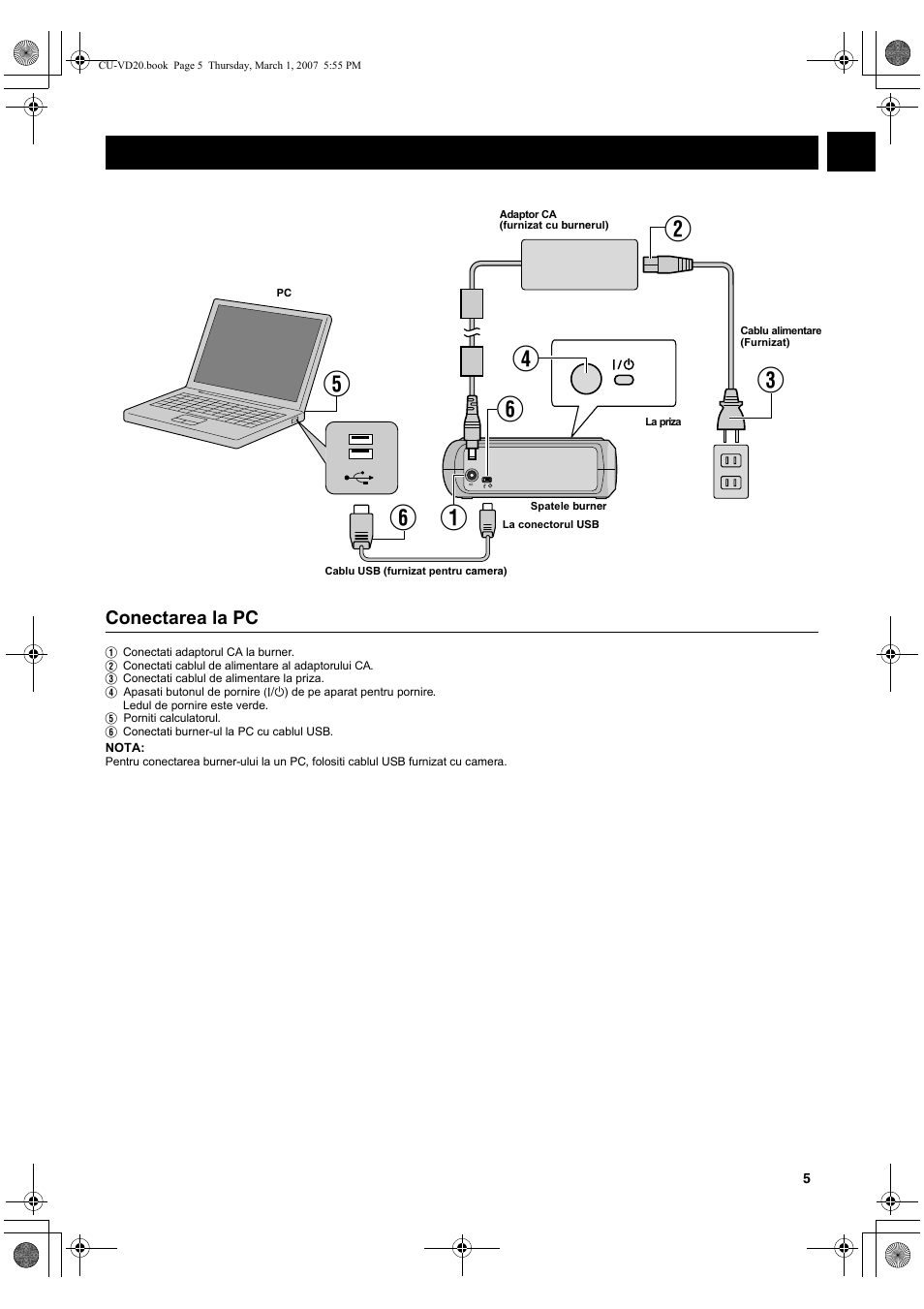 Con ectarea la pc, Conectarea | JVC CU-VD20 User Manual | Page 5 / 8