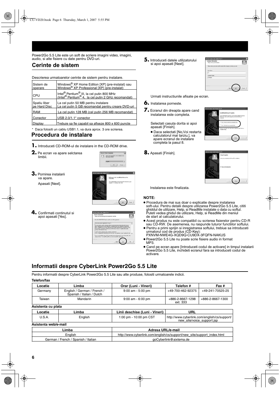 Cerinte de sistem, Procedura de instalare, Informatii despre cyberlink power2go 5.5 lite | Soft-ul de scriere — cyberlink power2go 5.5 lite | JVC CU-VD20 User Manual | Page 6 / 8