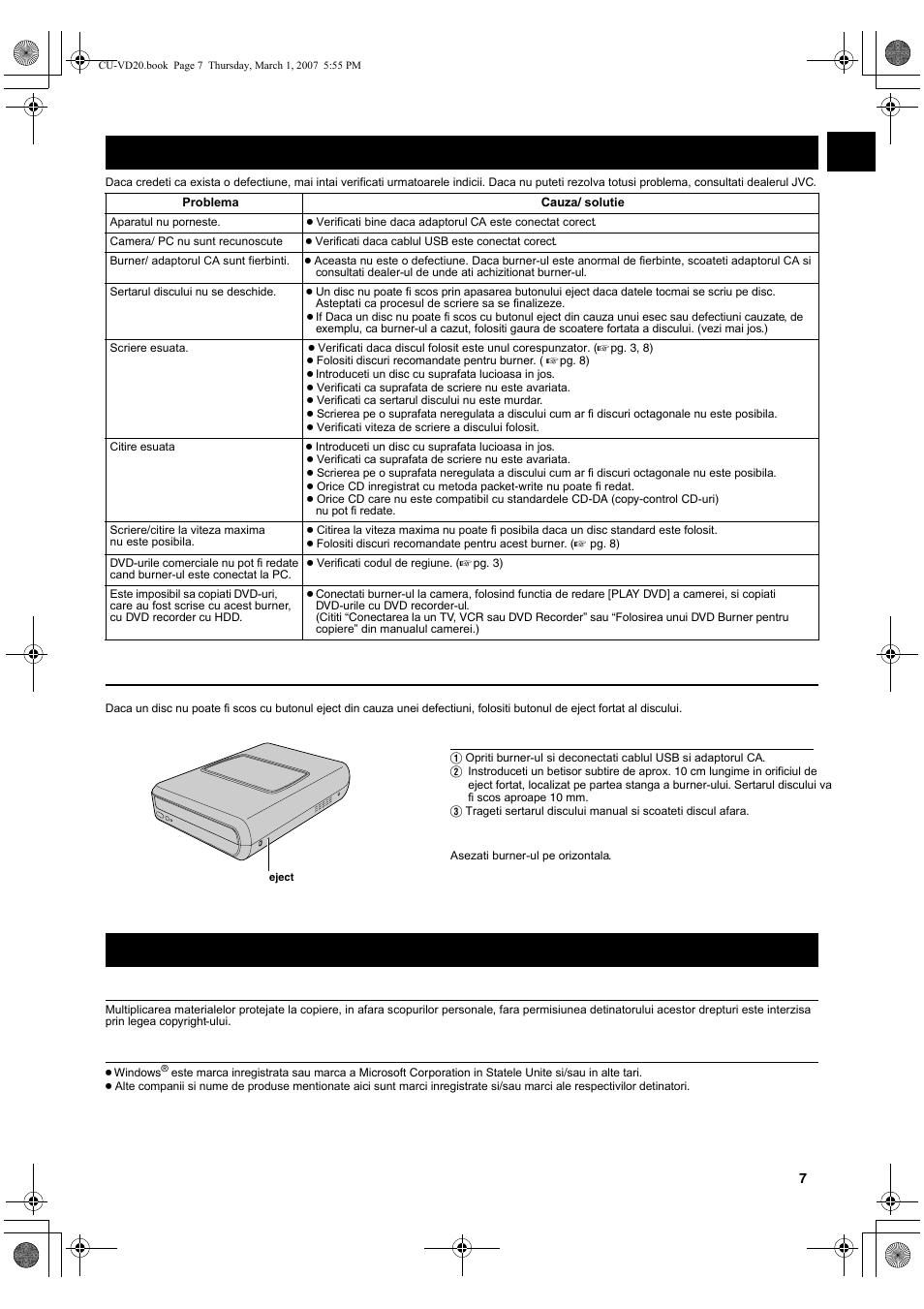 Butonul de eject fortat, Probleme, Drepturi de copiere si marci comerciale | JVC CU-VD20 User Manual | Page 7 / 8