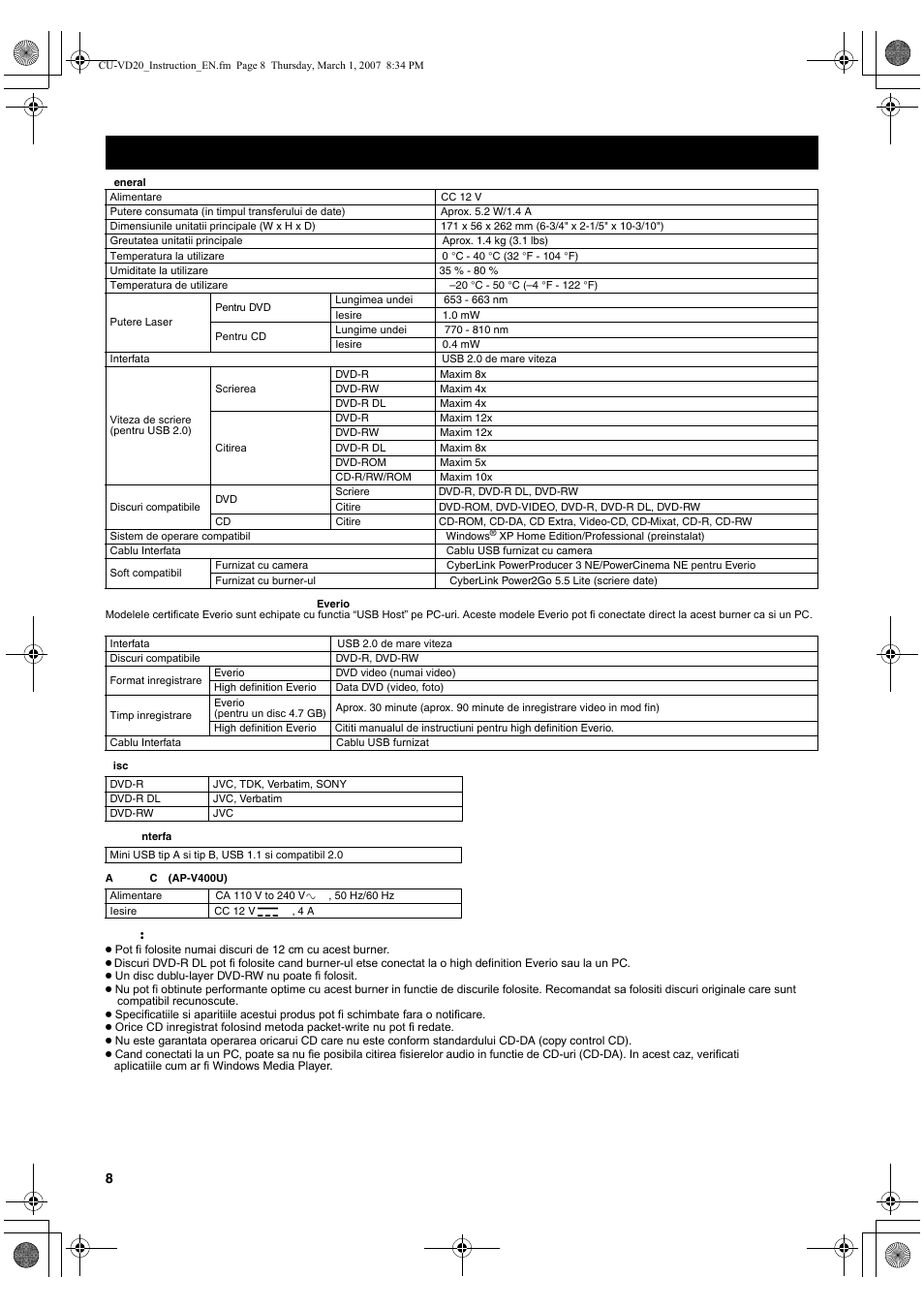 Specificatii | JVC CU-VD20 User Manual | Page 8 / 8