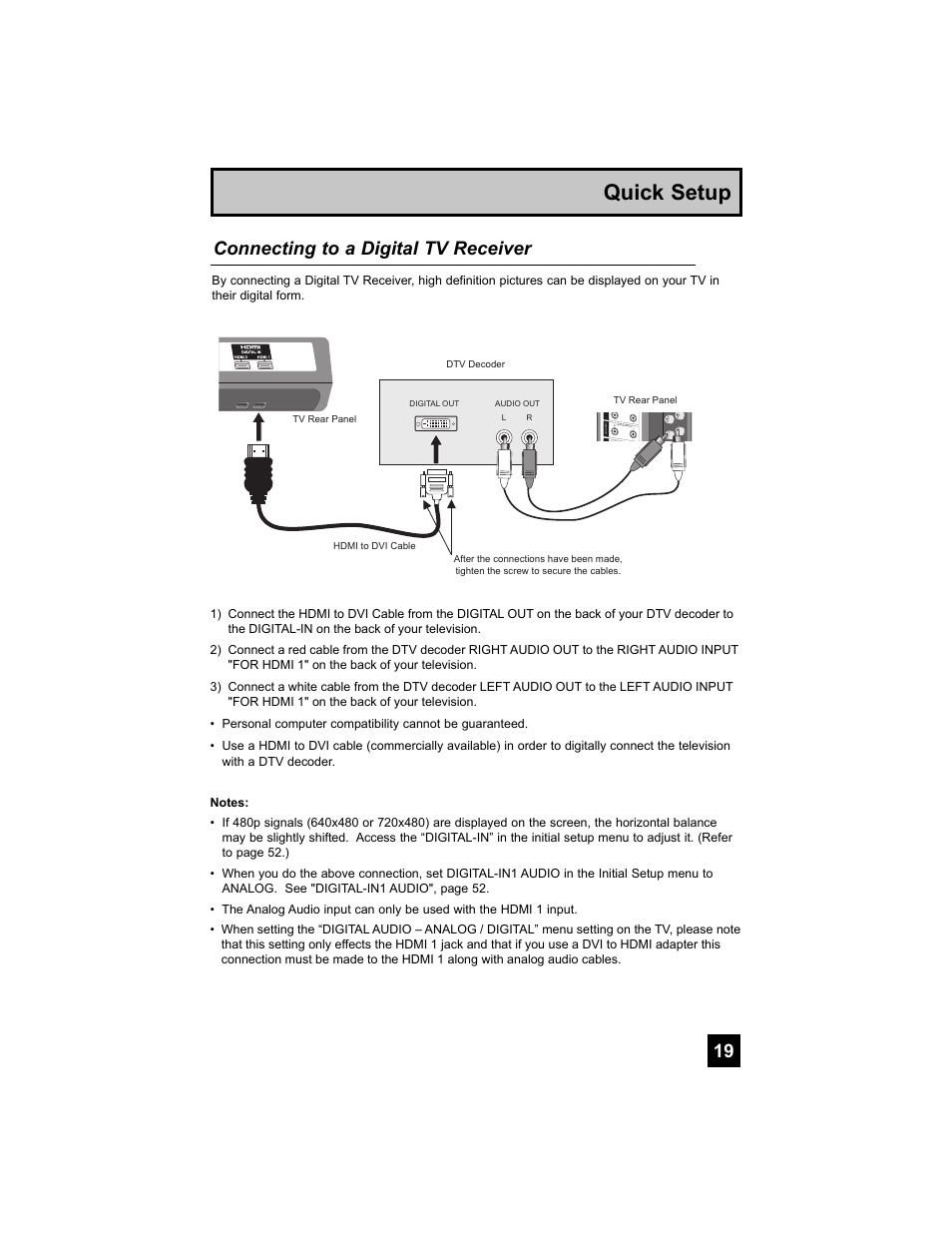 Quick setup, Connecting to a digital tv receiver | JVC 0707TNH-II-IM User Manual | Page 19 / 80