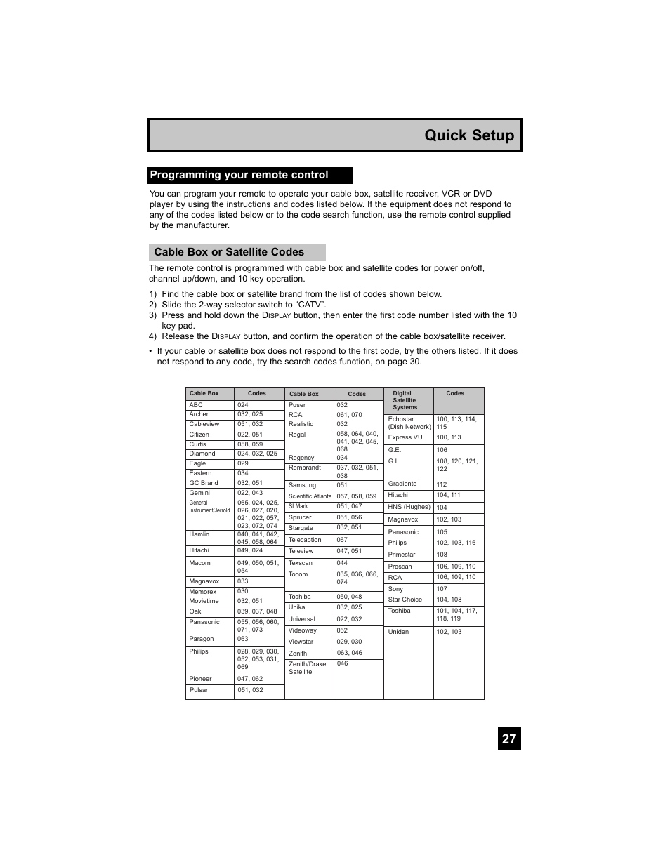 Programming your remote control, Quick setup, Cable box or satellite codes | JVC 0707TNH-II-IM User Manual | Page 27 / 80