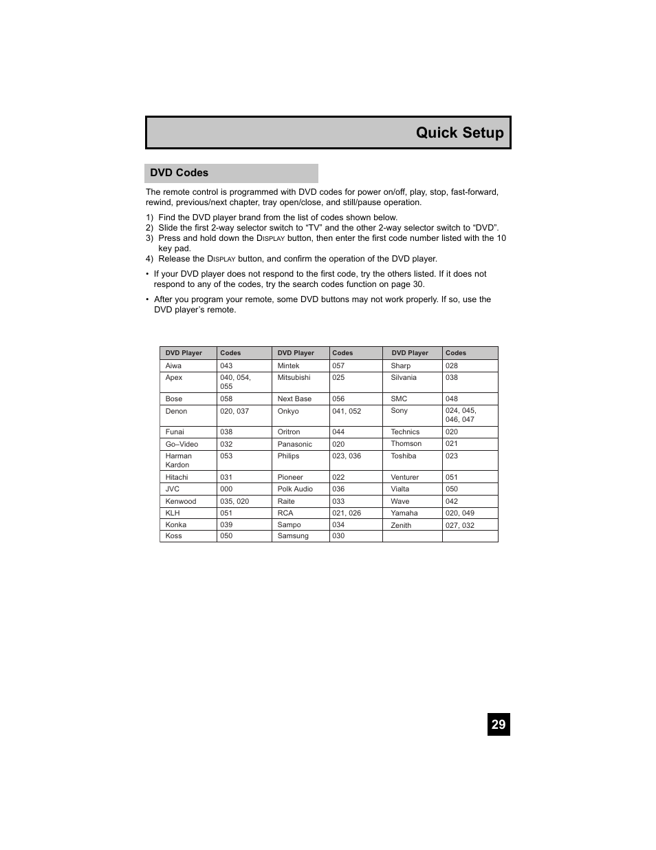 Quick setup, Dvd codes | JVC 0707TNH-II-IM User Manual | Page 29 / 80