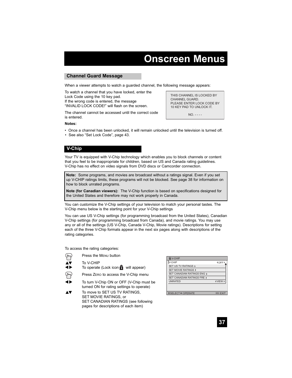 V-chip, Onscreen menus | JVC 0707TNH-II-IM User Manual | Page 37 / 80