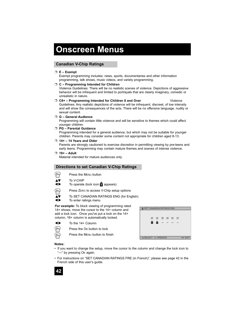 Onscreen menus, Directions to set canadian v-chip ratings, Canadian v-chip ratings | JVC 0707TNH-II-IM User Manual | Page 42 / 80