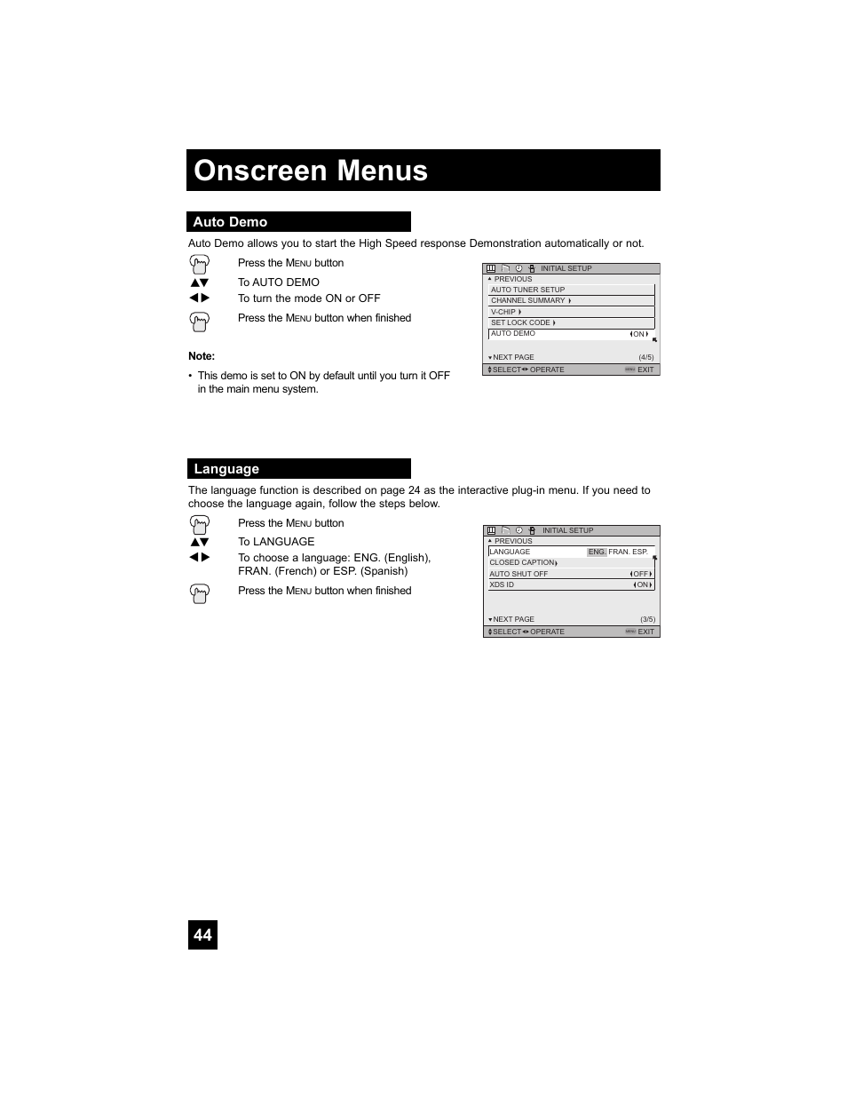 Auto demo, Language, Onscreen menus | JVC 0707TNH-II-IM User Manual | Page 44 / 80
