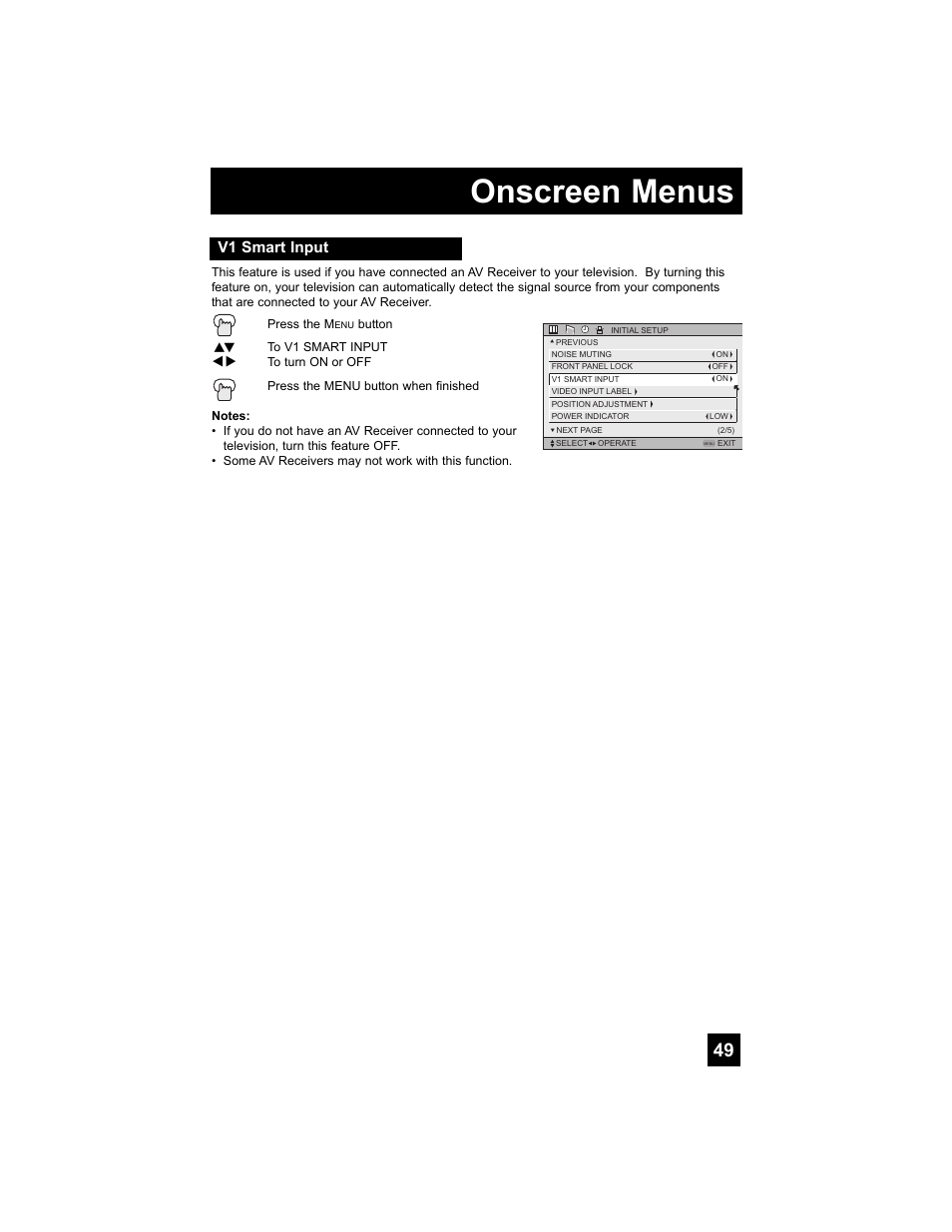 V1 smart input, Onscreen menus | JVC 0707TNH-II-IM User Manual | Page 49 / 80