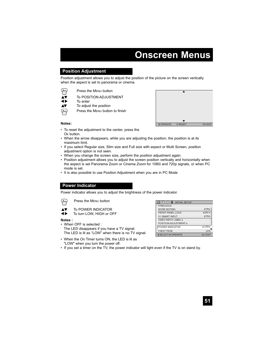 Position adjustment, Power indicator, Onscreen menus | JVC 0707TNH-II-IM User Manual | Page 51 / 80