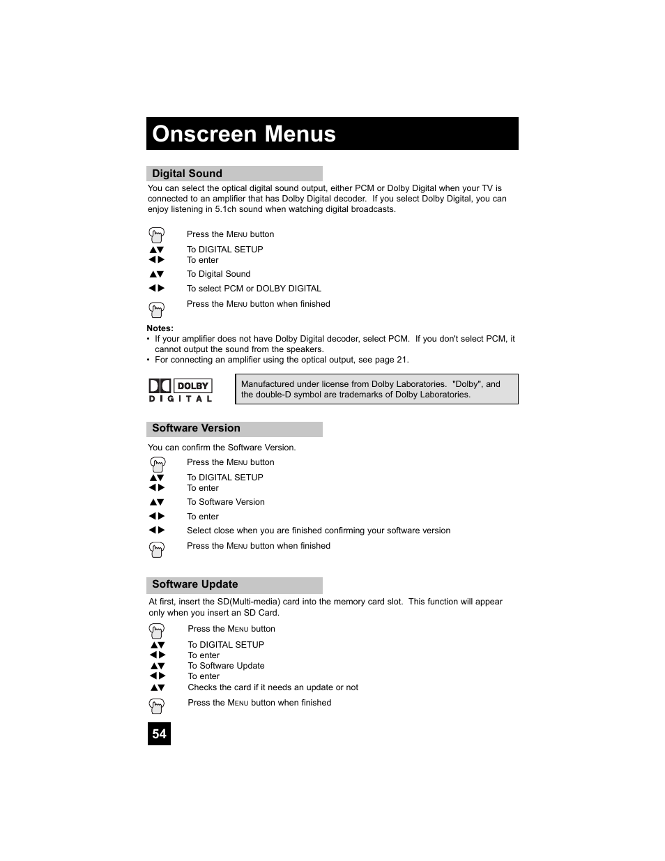 Digital sound, Software version, Software update | Onscreen menus | JVC 0707TNH-II-IM User Manual | Page 54 / 80