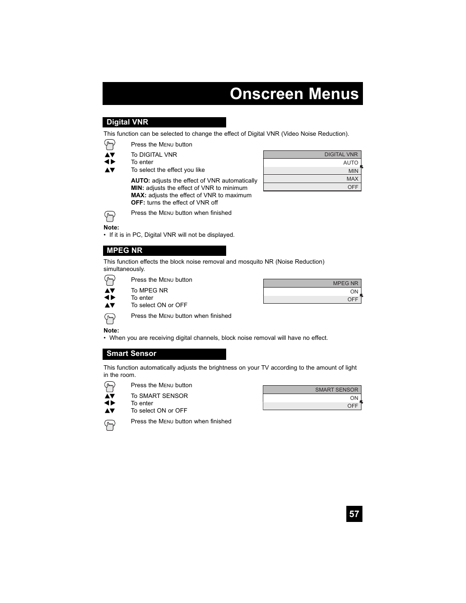 Digital vnr, Mpeg nr, Smart sensor | Onscreen menus | JVC 0707TNH-II-IM User Manual | Page 57 / 80