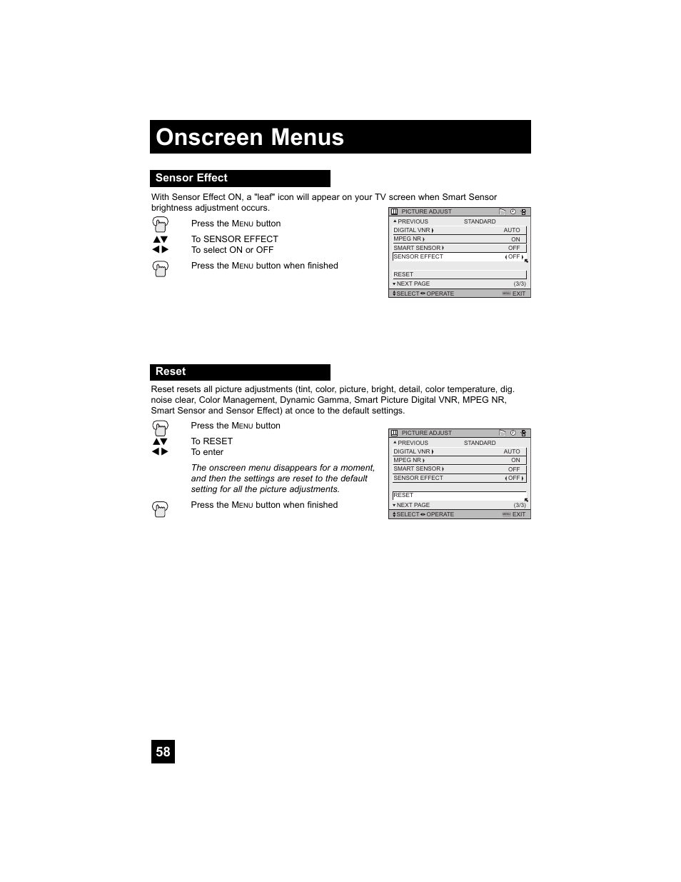 Sensor effect, Reset, Onscreen menus | JVC 0707TNH-II-IM User Manual | Page 58 / 80