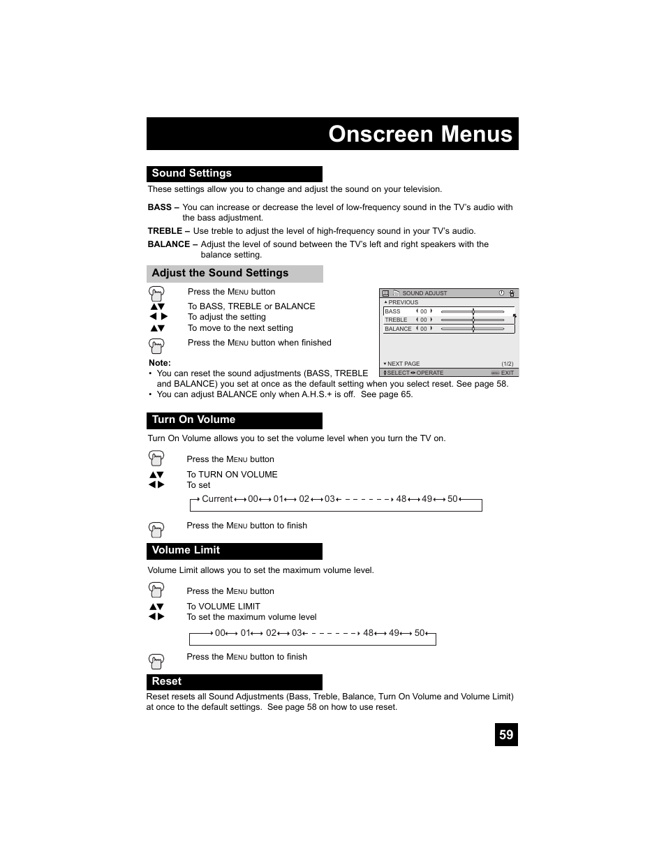 Sound settings, Adjust the sound settings, Turn on volume | Volume limit, Reset, Onscreen menus | JVC 0707TNH-II-IM User Manual | Page 59 / 80