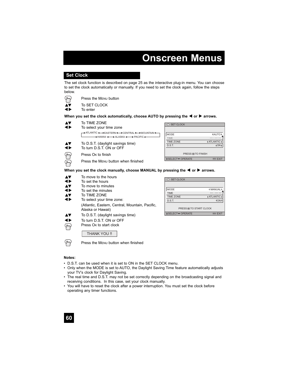 Set clock, Onscreen menus | JVC 0707TNH-II-IM User Manual | Page 60 / 80